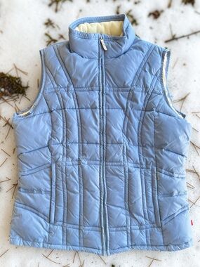 NEW Woolrich Puffer Zip Vest Women’s Ice Blue Fleece Lining Inside Pockets Sz L